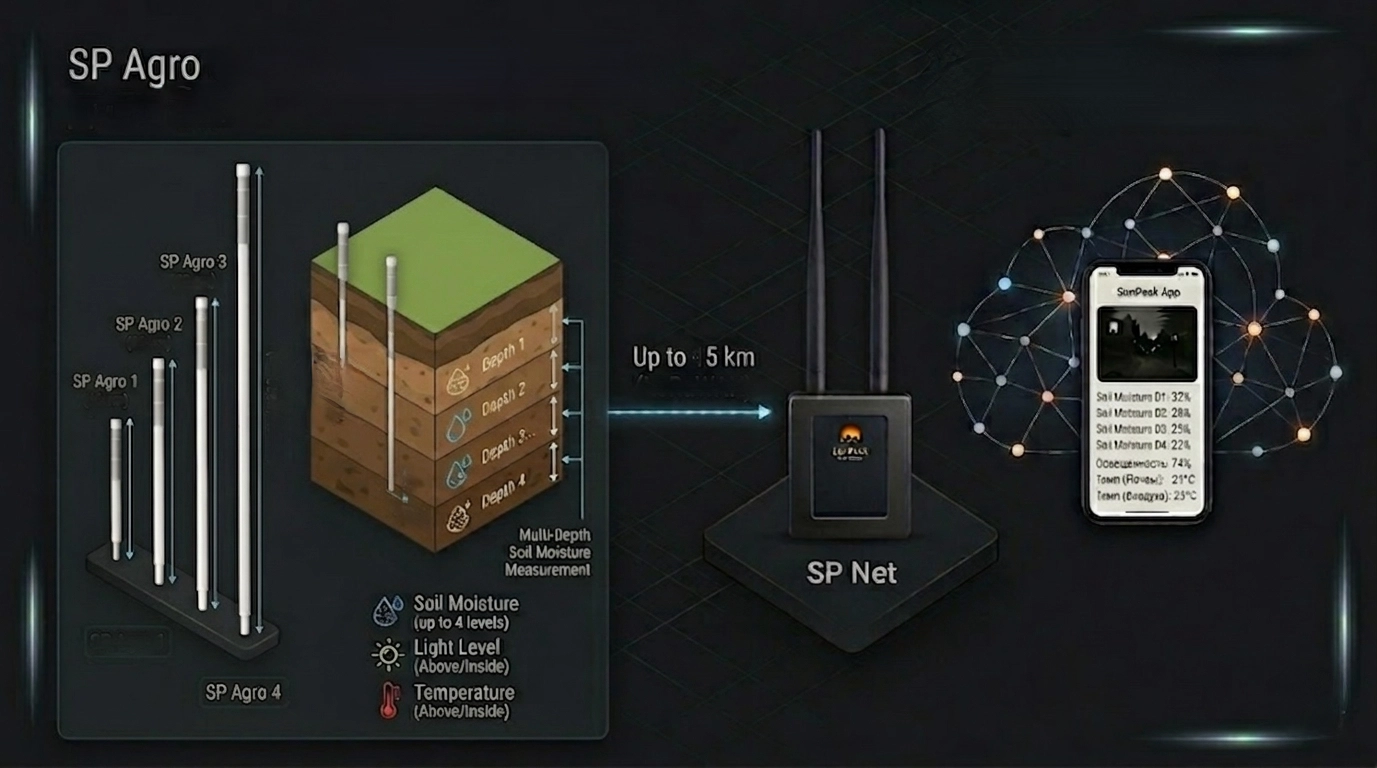 Systemdiagramm SP Agro: Sensoren verbinden sich mit dem SP Agro-Datenlogger, der die Daten über LoRaWAN an SP SmartCloud überträgt