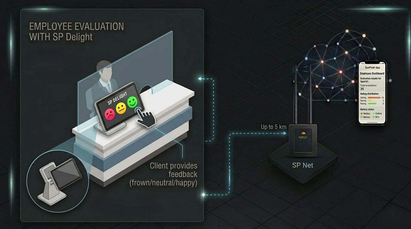 Systemdiagramm SP Delight: Sensoren verbinden sich mit dem SP Delight-Datenlogger, der die Daten über LoRaWAN an SP SmartCloud überträgt