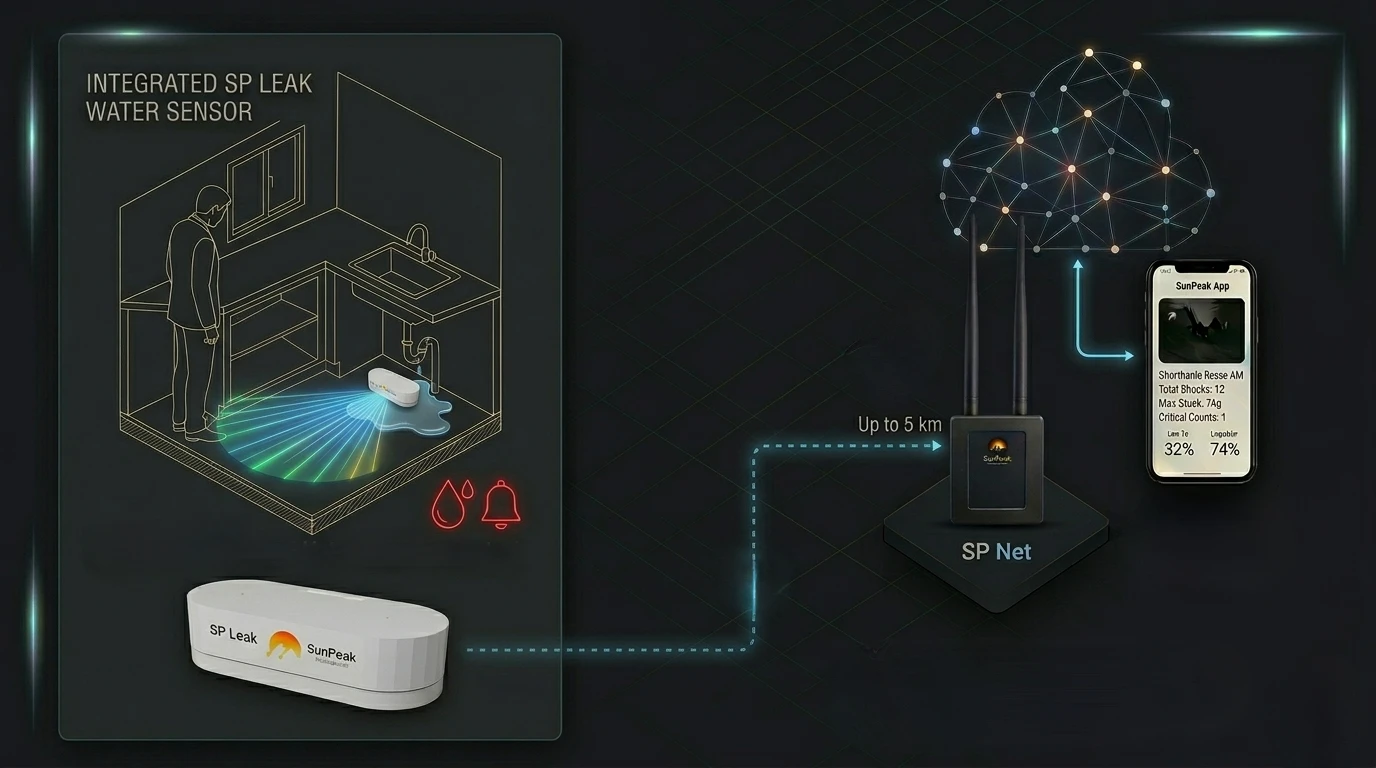 Systemdiagramm SP Leak: Sensoren verbinden sich mit dem SP Leak-Datenlogger, der die Daten über LoRaWAN an SP SmartCloud überträgt