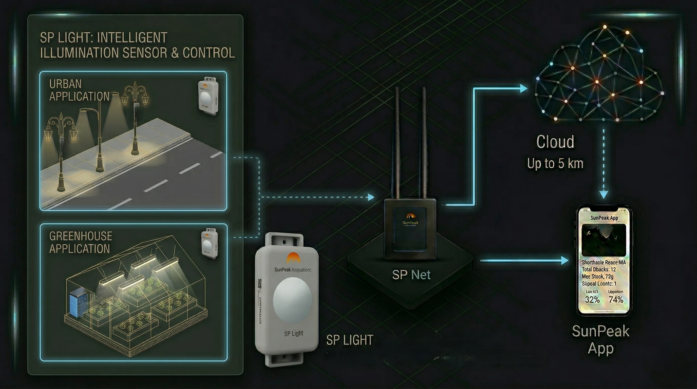 Systemdiagramm SP Light: Sensoren verbinden sich mit dem SP Light-Datenlogger, der die Daten über LoRaWAN an SP SmartCloud überträgt