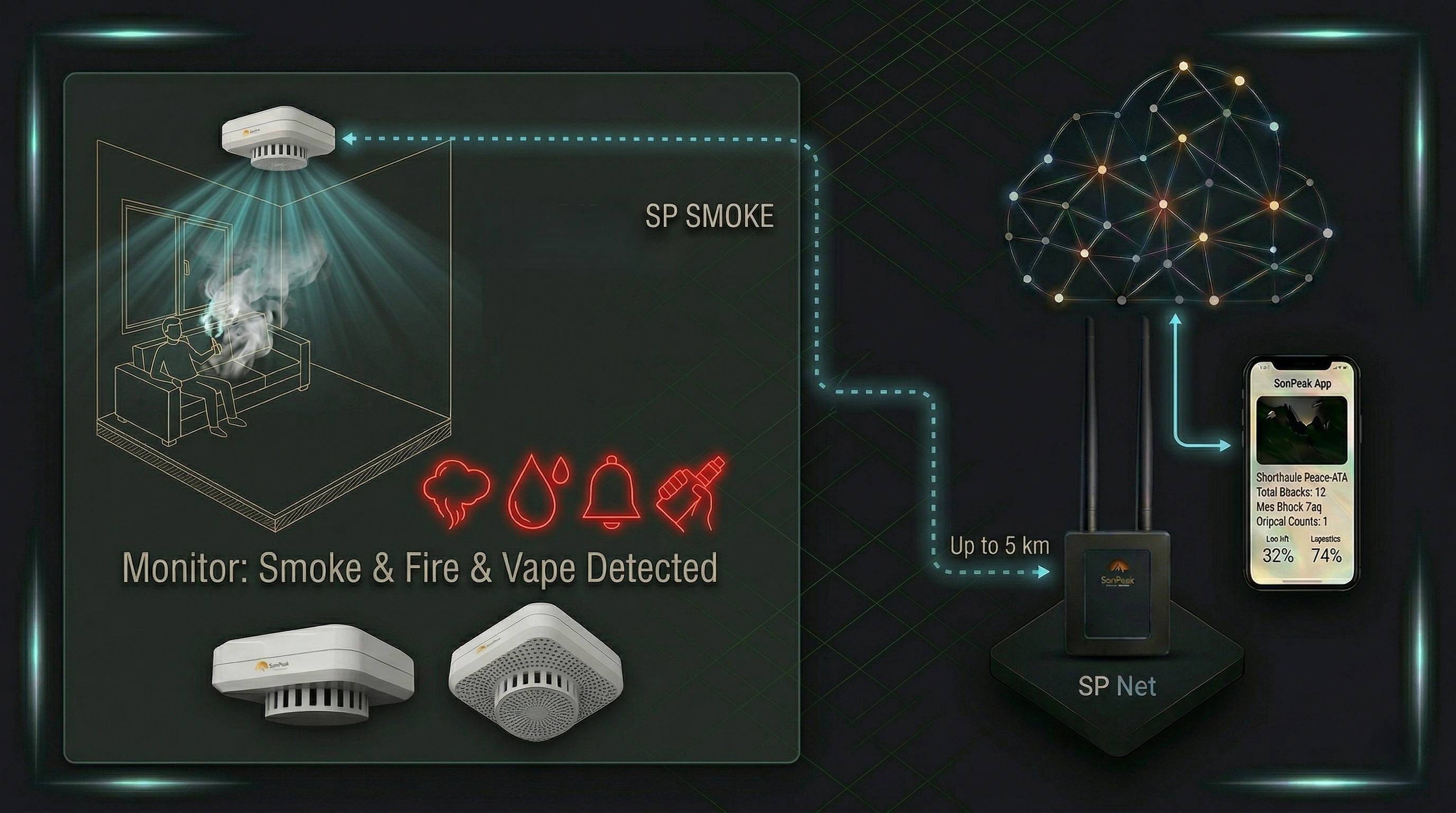 Systemdiagramm SP Smoke: Sensoren verbinden sich mit dem SP Smoke-Datenlogger, der die Daten über LoRaWAN an SP SmartCloud überträgt
